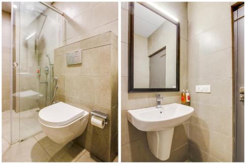 two pictures of a bathroom with a toilet and a sink at Super townhouse moosapet Rcc Prime in Hyderabad