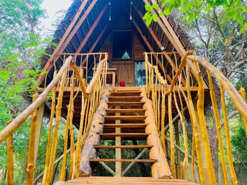 uma ponte de madeira que leva a uma casa na árvore em Habarana Tree House Ambasewana Resort em Habarana