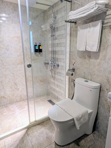 a bathroom with a shower and a toilet with a glass shower stall at Macchi Hotel - Taipei in Taipei
