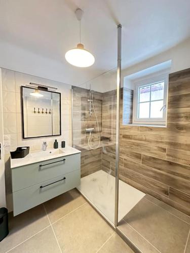 une salle de bain avec une douche, un lavabo et un miroir dans l'établissement Gîte Abarratea, Pays Basque 6/8 p., à Saint-Esteben