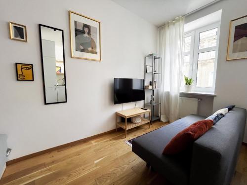 Una sala de estar con un sofá y un televisor. en Apartament typu studio przy Nawrot 50, en Łódź