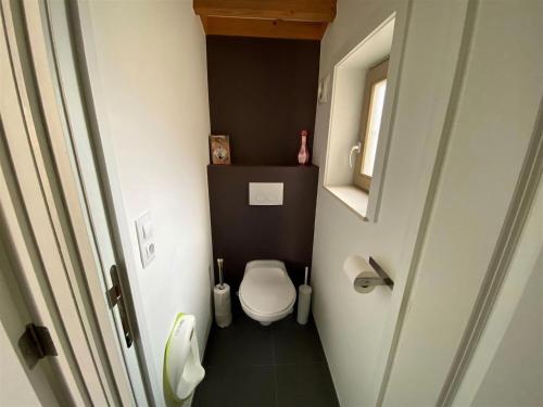 een kleine badkamer met een toilet en een raam bij Cozy fisherman's house with garden in Koksijde