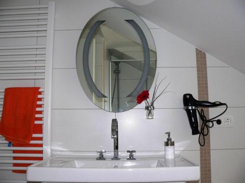 ein Bad mit einem Waschbecken und einem Spiegel in der Unterkunft Holiday apartment Amsterdam in Plau am See