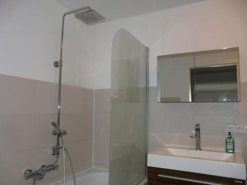 y baño con ducha, lavabo y espejo. en Kampenwand Loft Modern retreat, en Aschau