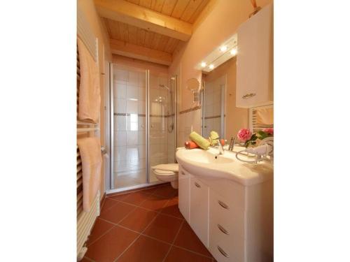 een badkamer met een wastafel, een toilet en een douche bij Nesterl Modern retreat in Mitterfirmiansreut