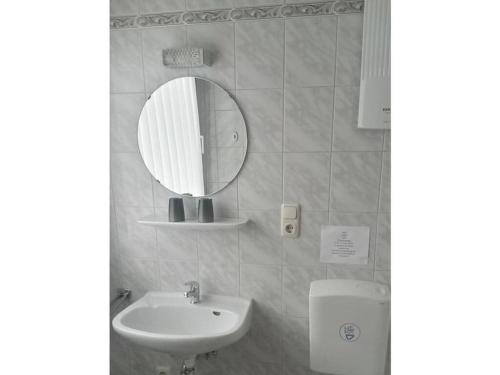 Un baño con lavabo, espejo e inodoro. en Brown Modern Retreat, en Sankt Aldegund