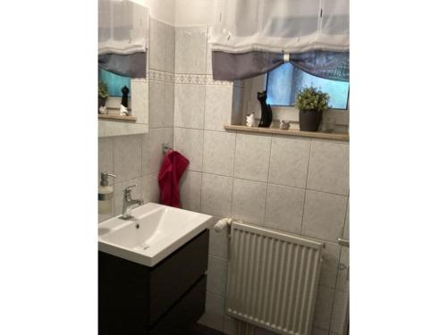 La salle de bains est pourvue d'un lavabo blanc et d'un radiateur. dans l'établissement Postwiese Modern retreat, à Winterberg