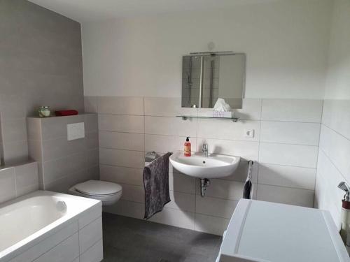 uma casa de banho branca com um lavatório e um WC em 1 Fuchskreuzhof Modern retreat em Simmersfeld