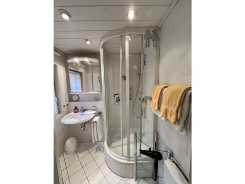 La salle de bains est pourvue d'une douche et d'un lavabo. dans l'établissement Oberrain in the Ferienhaus Schenk, 