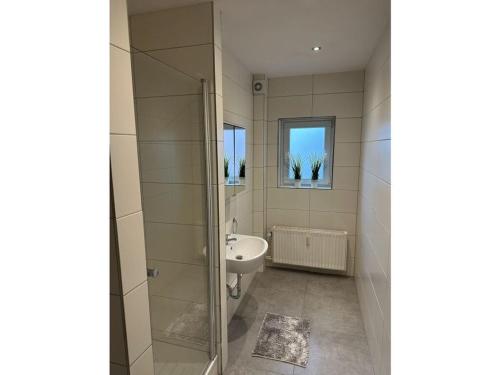 een badkamer met een wastafel en een glazen douchecabine bij Gießler Modern retreat in Bremerhaven