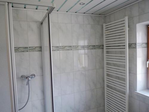 a shower with a glass door in a bathroom at Hirschbichler Modern retreat in Berchtesgaden