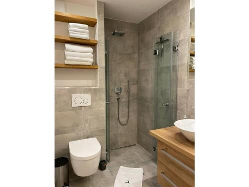 een badkamer met een douche, een toilet en een wastafel bij Bergglück Modern retreat in Reit im Winkl