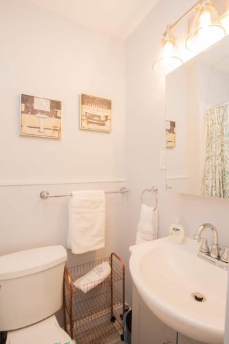 a bathroom with a white toilet and a sink at Renovated 1BR, Washington Sq, Longwood, Green Lin in Brookline