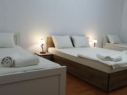 two beds in a room with two lamps at Belinda Apartment in Gevgelija