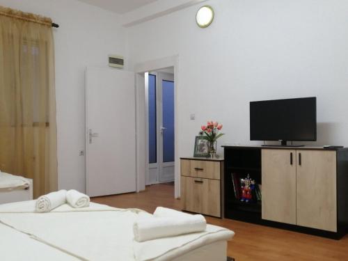 a living room with a tv and a couch at Belinda Apartment in Gevgelija