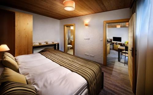 a bedroom with a large bed and a living room at Apartment Jasná Otupné in Demanovska Dolina