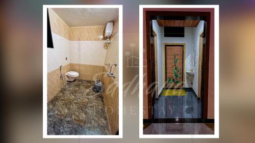 twee foto's van een badkamer met toilet en wastafel bij Sadhana Homestay in Revadanda