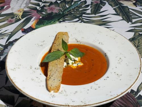 a white plate with a sandwich and a bowl of tomato soup at Hotel Brilliant Meseș in Zalău