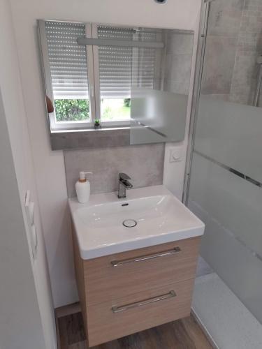 W łazience znajduje się umywalka i prysznic. w obiekcie Maison Villa Les chevaliers du Mont w mieście Argouges