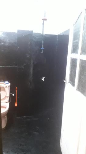 a bathroom with a toilet in a black wall at Shalom View Homestay in Kandy