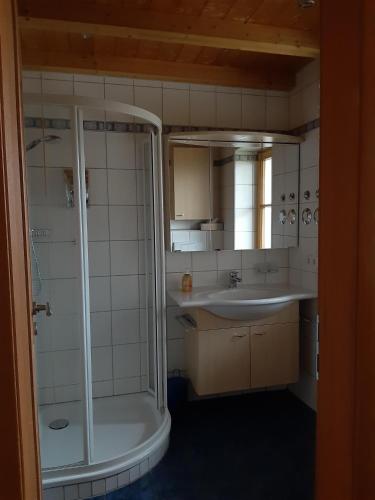 ein Bad mit einer Dusche und einem Waschbecken in der Unterkunft Ferienwohnung Bartl in Prien am Chiemsee