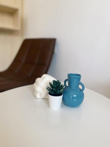 a blue cup and a potted plant on a table at Lagada Resort in Makry Gialos