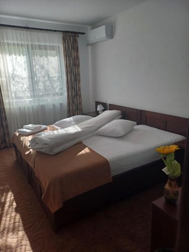 a large bed in a bedroom with a window at Pensiunea Magura Ocnei in Tîrgu Ocna