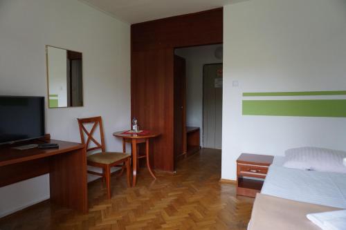 um quarto com uma cama, uma secretária e uma televisão em Geovita Lądek Zdrój em Lądek-Zdrój