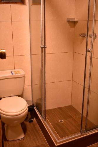a bathroom with a toilet and a shower at Artezana Hotel in Cusco
