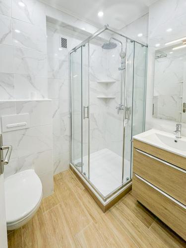 une salle de bain avec une douche, des toilettes et un lavabo dans l'établissement Gare Du Sud - Wifi, AC, balcon, à Nice