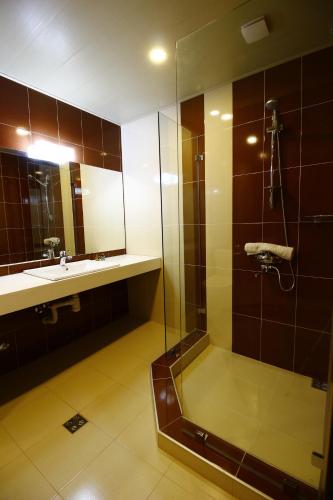 a bathroom with a shower and a sink at Sani Hotel in Tbilisi City