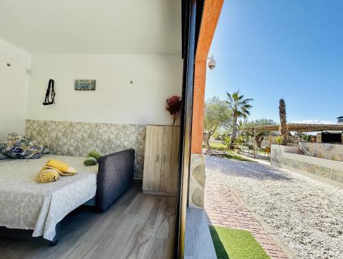 1 dormitorio con cama y vistas a la calle en Rancho Tropicana en Elche
