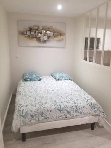 um quarto com uma cama com almofadas azuis em Cocon RDC calme cœur historique em Périgueux