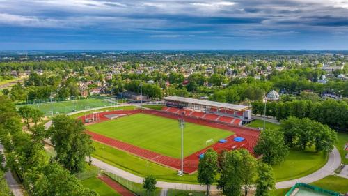 an aerial view of a park with a soccer field at Tamme staadioni hostel in Tartu