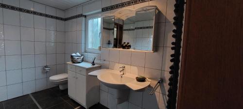 een badkamer met een wastafel, een toilet en een spiegel bij Fewo Haus Cäcilia in Elsdorf
