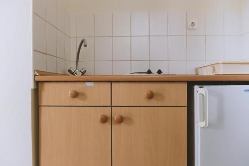 a kitchen with a counter and a white refrigerator at Szegedi Partfürdő Kemping és Apartman in Szeged
