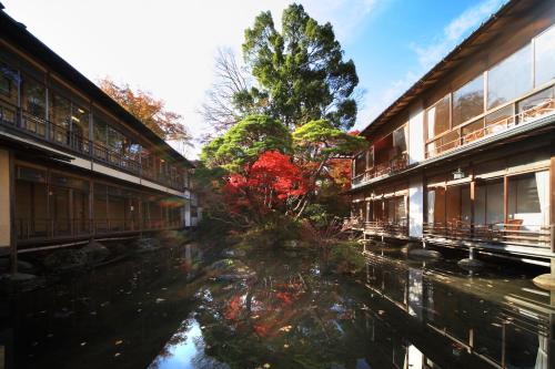 einem Teich vor zwei Gebäuden mit einem roten Baum in der Unterkunft Arai Ryokan in Izu
