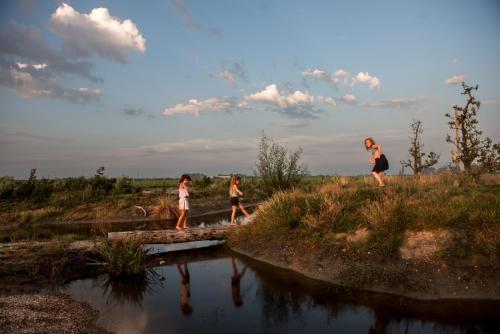 two girls walking across a bridge over a river at Luxe Tinyhouse op minicamping in Waarde in Waarde