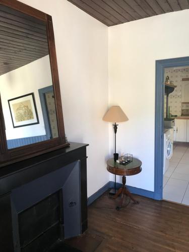 a living room with a fireplace and a mirror at villa Marguerite terrasse & garage in Belvès
