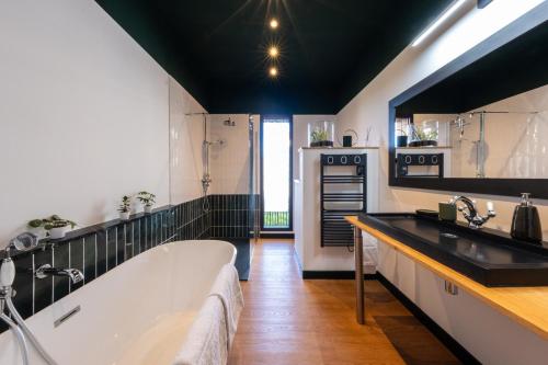ein großes Bad mit einer Badewanne und einem Waschbecken sowie eine Küche in der Unterkunft Clos des Poulies in La Ferté-Saint-Aubin