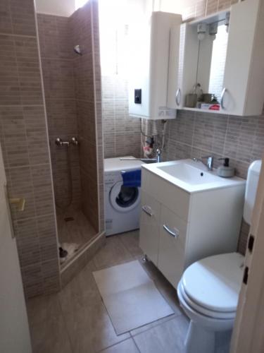 een badkamer met een toilet, een wastafel en een douche bij Zsóka Apartman in Miskolc