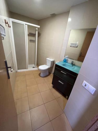 ein Bad mit einem WC, einem Waschbecken und einer Dusche in der Unterkunft Apartamento Arrabal in Teruel
