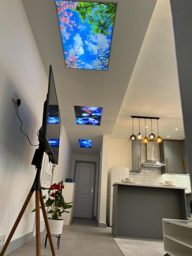 a television on a tripod in a room with skylights at Luxury 2 Bed Apartment in Royal Sutton Coldfield in Sutton Coldfield