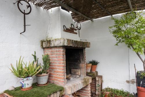 a brick fireplace in a yard with potted plants at Casa Jienense in Torralba