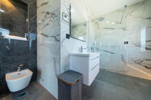 a bathroom with a sink and a toilet and a shower at MonteLux Mansion in Tivat