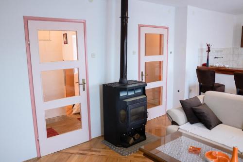 Srb的住宿－Apartman Lički san，客厅的角落里设有燃木炉