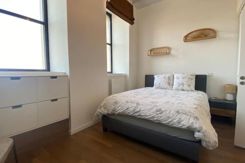 a bedroom with a bed and a dresser and two windows at Superbe Appartement Rue Royale - Gregoire in Lille