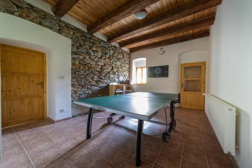 a ping pong table in a room with a stone wall at Chata Hermann - Vernířovice in Vernířovice