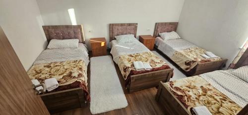 un grupo de 3 camas en una habitación en Borbardha dhe 7 xhuxhat / Snow white and 7 dwarfs, en Fierzë