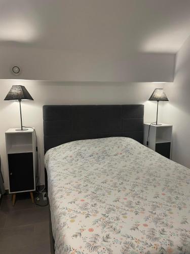 une chambre avec un lit avec deux lampes dessus dans l'établissement Menton 3 pièces vue mer bord de plage hyper centre, à Menton